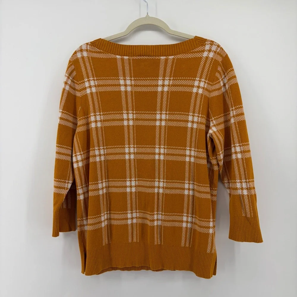 LOFT Womens‎ XL Mustard Yellow Plaid Cotton Knit Scoop Neck 3/4 Sleeve Sweater